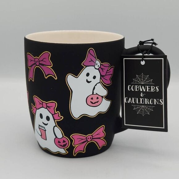 Cobwebs & Cauldrons Halloween ghost pink bow black mug - Picture 1 of 8